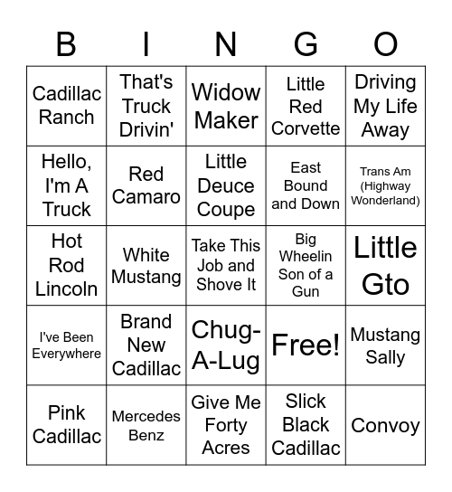 Truckin' & Cars Bingo Card