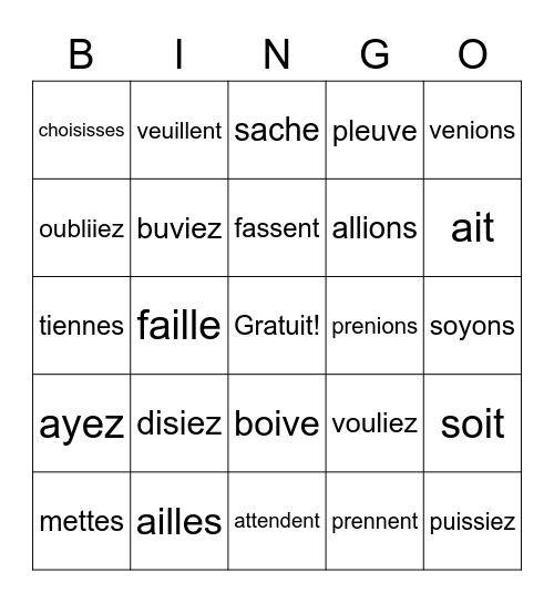 Vive le subjonctif ! Bingo Card