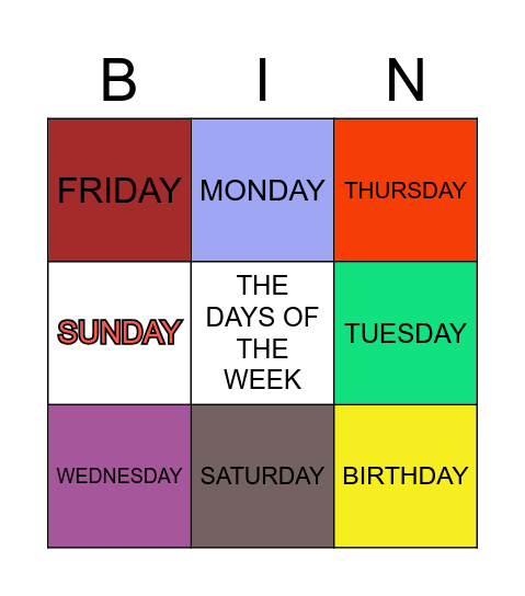 THE DAYS OF THE WEEK Bingo Card