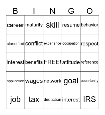 Job Readiness Bingo Card