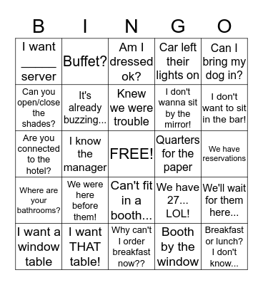 Host Stand Bingo Card