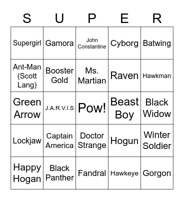 Superhero Bingo Card