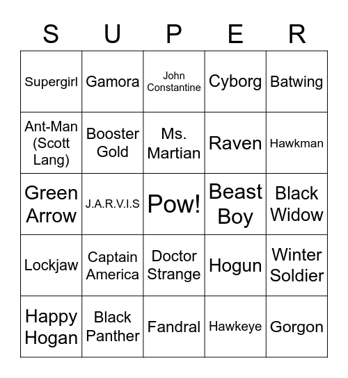 Superhero Bingo Card