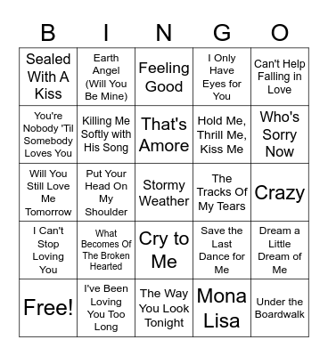Golden Oldies Love Songs Bingo Card