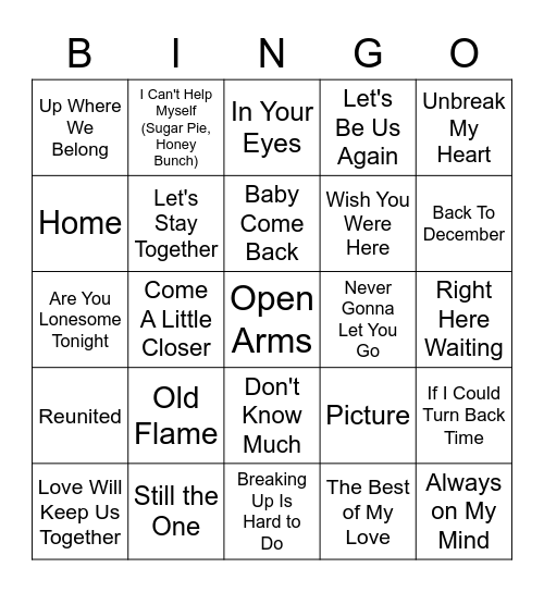 Getting Back Together Songs Bingo Card