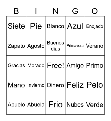 Spanish Class Bingo Card