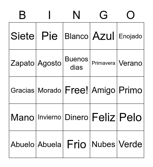 Spanish Class Bingo Card