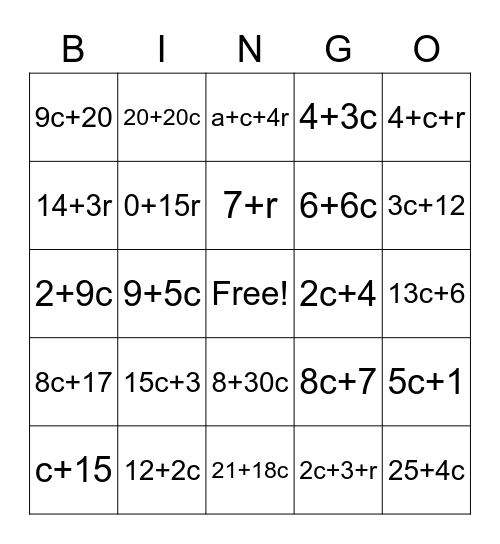 simplifying Expressions Bingo Card