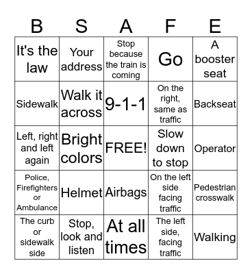Traffic Safety Bingo Card