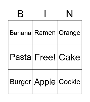 Food Bingo Card