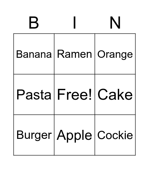 Food Bingo Card