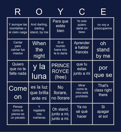 Stand By Me/Darte un beso-Prince Royce Bingo Card
