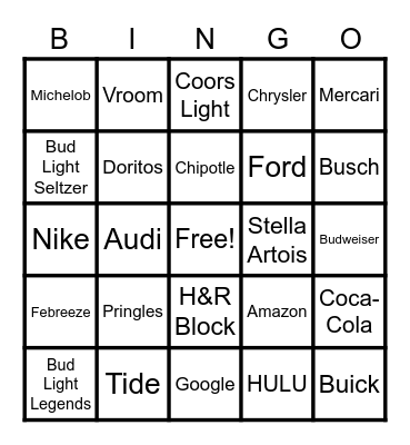 Super Bowl Commercial Bingo Card