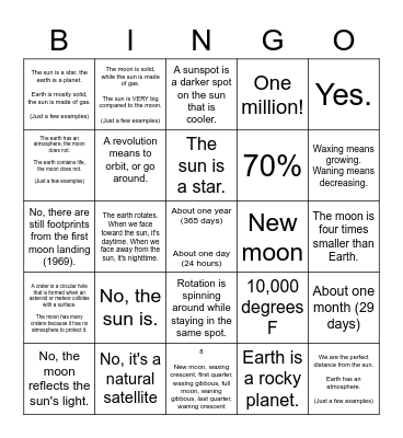 Earth, Moon and Sun Bingo Card