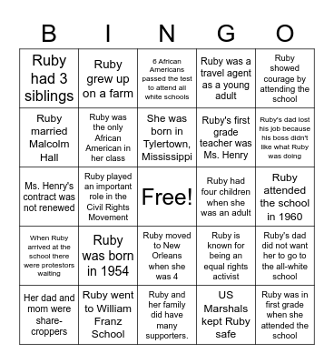 Ruby Bridges Bingo Card