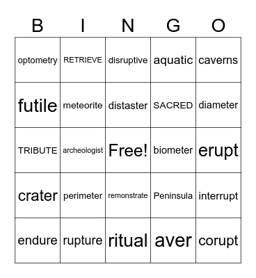 Vocabulary Bingo Card