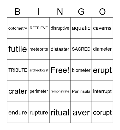 Vocabulary Bingo Card