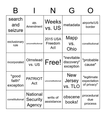 4th Amendment BINGO Card
