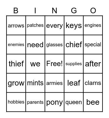 spelling Bingo Card