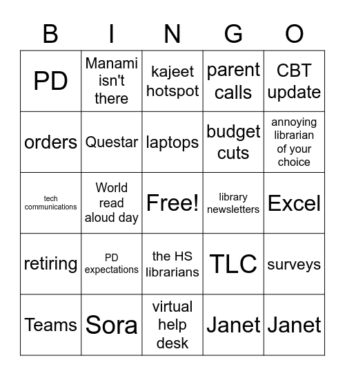 Snowy Day Library Meeting Bingo Card