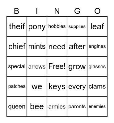 Spelling Bingo Card