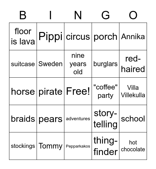 Pippi Longstocking Bingo Card