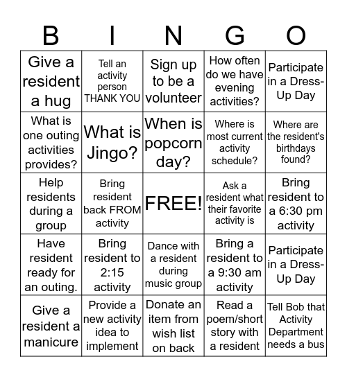 Activity Professional's Week Bingo Card