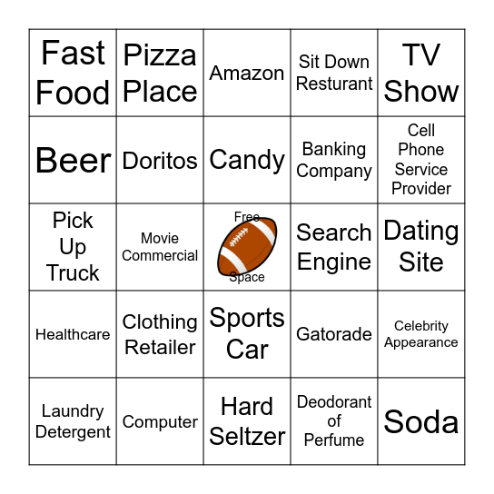 Super Bowl Commercial Bingo Card