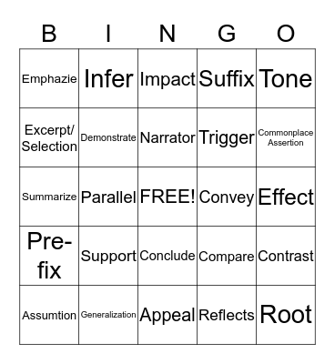 STARR Vocabulary Bingo Card