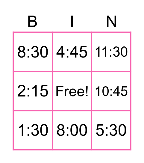 Telling the time Bingo Card