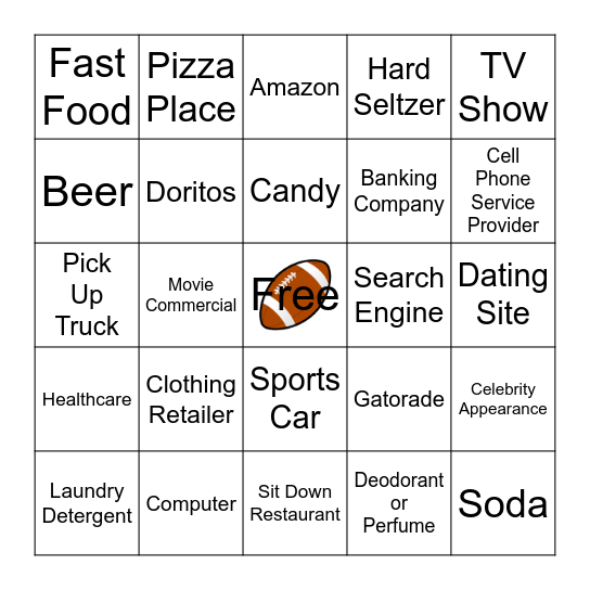 Super Bowl Commercial Bingo Card