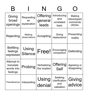 Relationship Dev. & Thera. Comm. BINGO Card