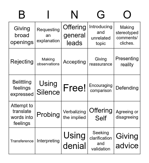 Relationship Dev. & Thera. Comm. BINGO Card