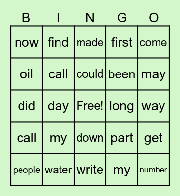 Sight Words Bingo Card