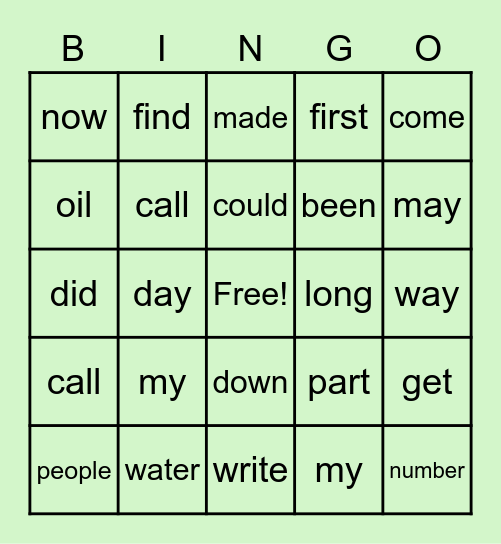 Sight Words Bingo Card