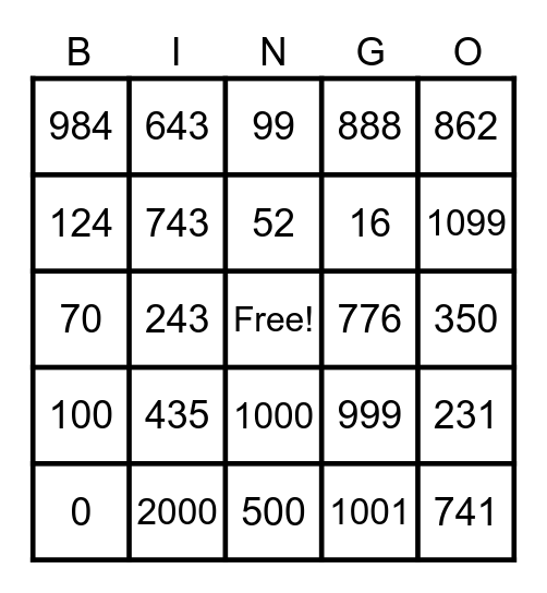 Numbers 1-1000 Bingo Card