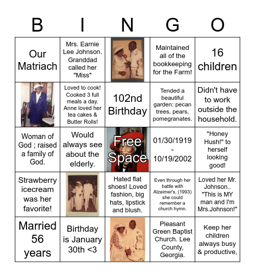 This is Fat Mama's Birthday Party Bingo Card