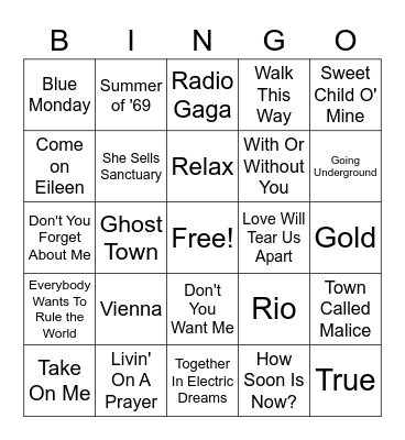 1980s Hit Songs Bingo Card