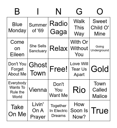 1980s Hit Songs Bingo Card