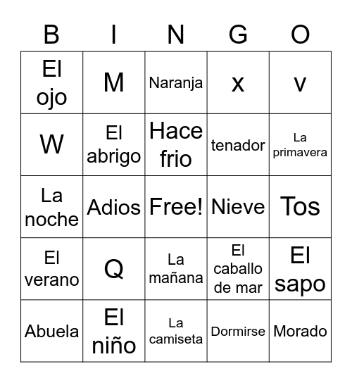 Spanish Bingo Card