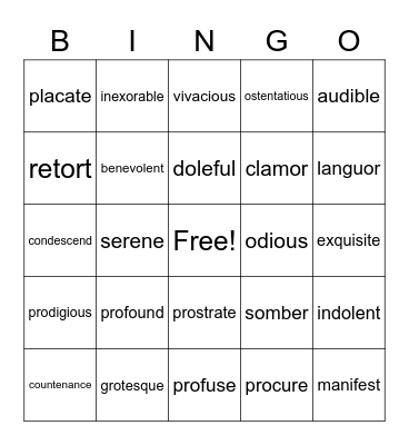 CE Vocabulary Bingo Card