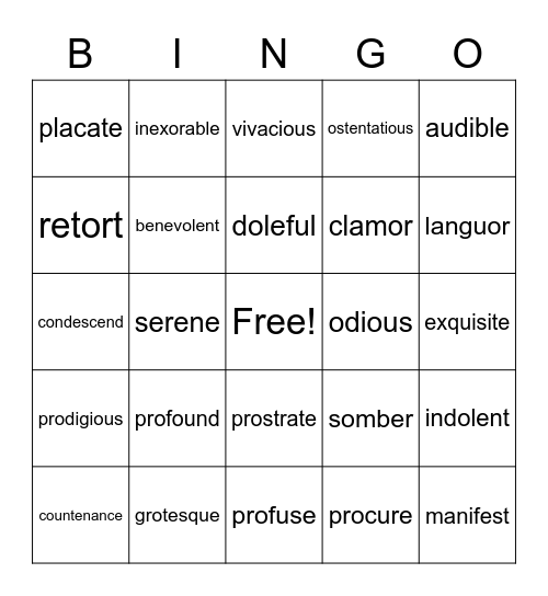 CE Vocabulary Bingo Card