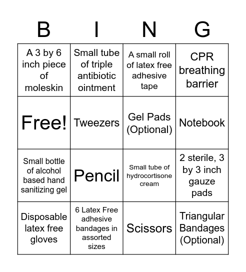 First Aid Kit Bingo Card