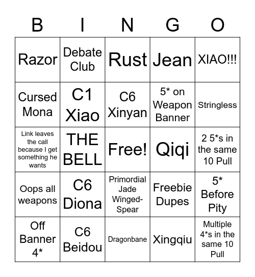 Xiao Banner Summons Bingo Card