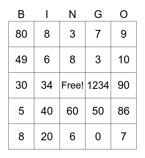 Numbered Bingo Card