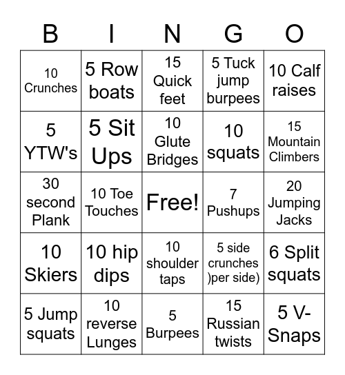 Fitness Bingo Card