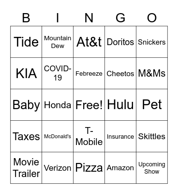 Super Bowl LV - Commericals Bingo Card