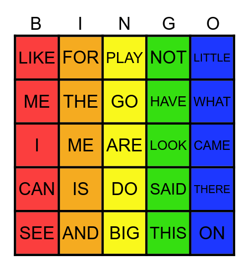 RAINBOW WORD FITNESS BINGO Card