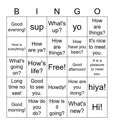 English Greetings Bingo Card