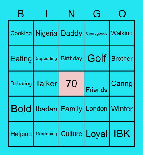 IBK @ 70 Bingo Card